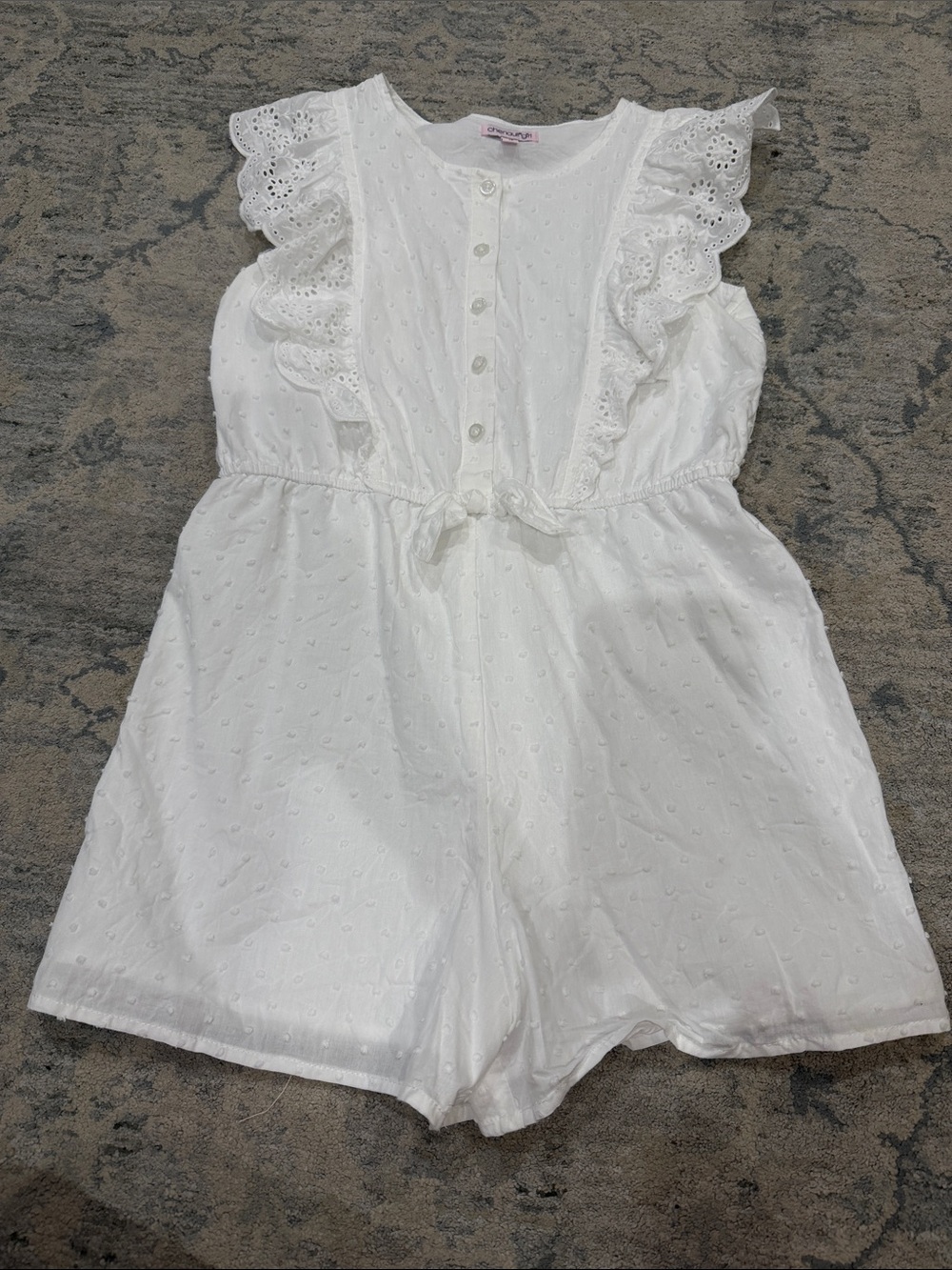 Girls' White Eyelet Romper with Ruffle Sleeves